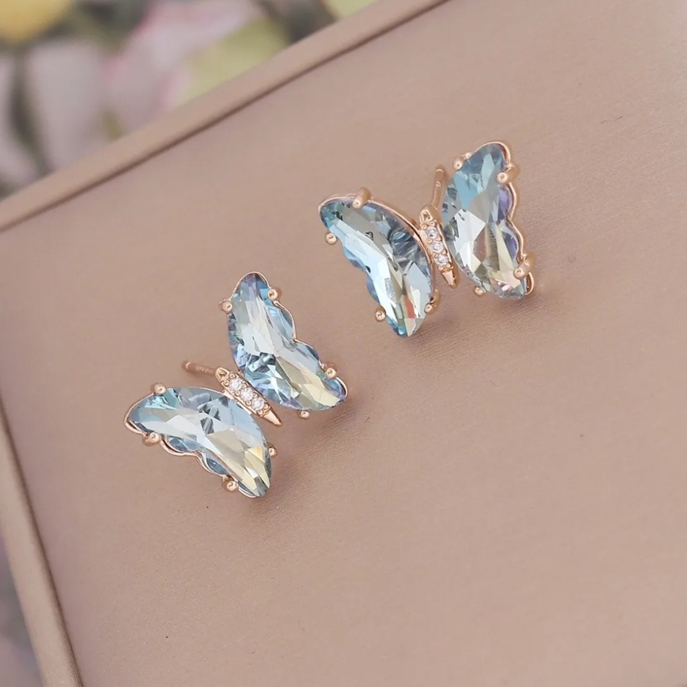 Pale Blue Butterfly Rhinestone Earrings